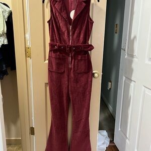 Red Corduroy Jumpsuit with Wide Leg and Belted Waist